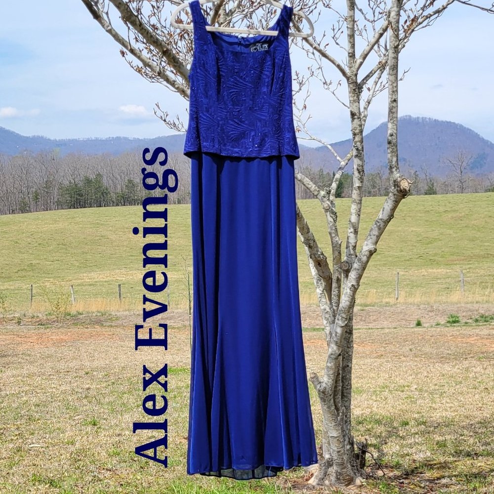 ❣️HP❣️Alex Evenings 2 pc Electric Blue long lace & sequin jacket dress size: 8 - Picture 4 of 9